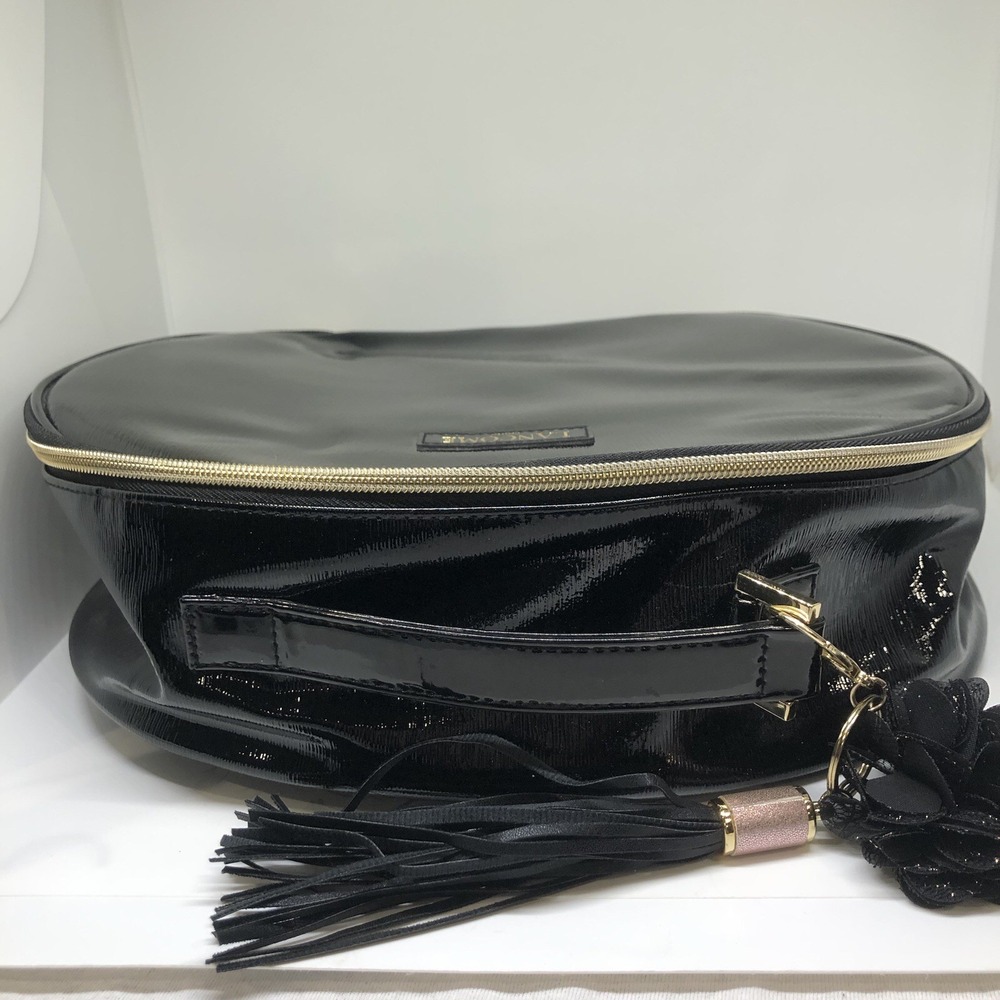 Lancome Large Shiny Black Oval Train Case Cosmetic Bag Gold Zipper Tassel Handle - Picture 8 of 12